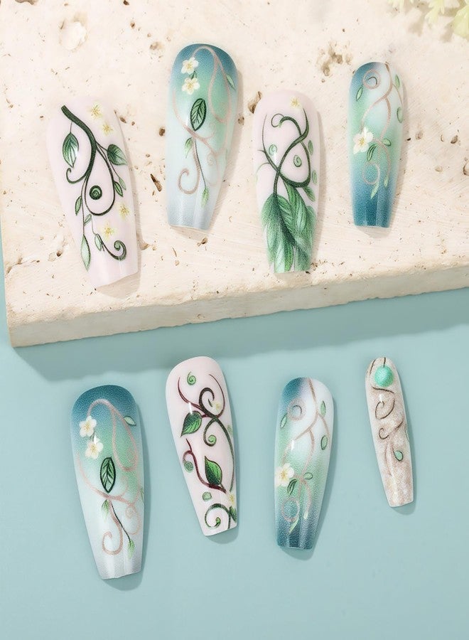 CJDLTS Green Press on Nails Medium Ballet Shaped Green Vine False Nail Spring Manicure Acrylic Glossy Glue on Nails Press Ons Fingernails Full Cover Artificial Stick on Nail for Women 24Pcs - Image 2